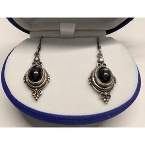 Vintage Sterling Silver Glass Cabochon Dangle Earrings 925 Oval Drop Hook